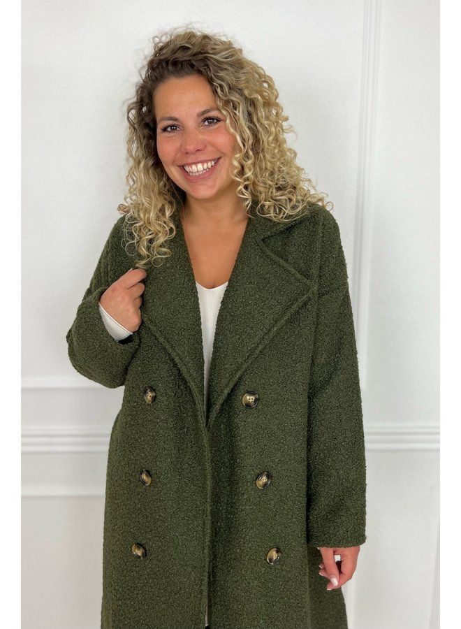 Curvy Brown Button Teddy Coat - Armygreen