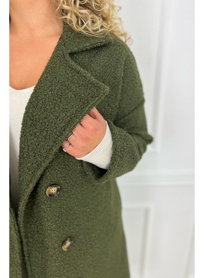 Curvy Brown Button Teddy Coat - Armygreen