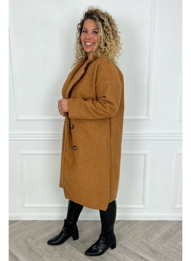 Curvy Brown Button Teddy Coat - Camel