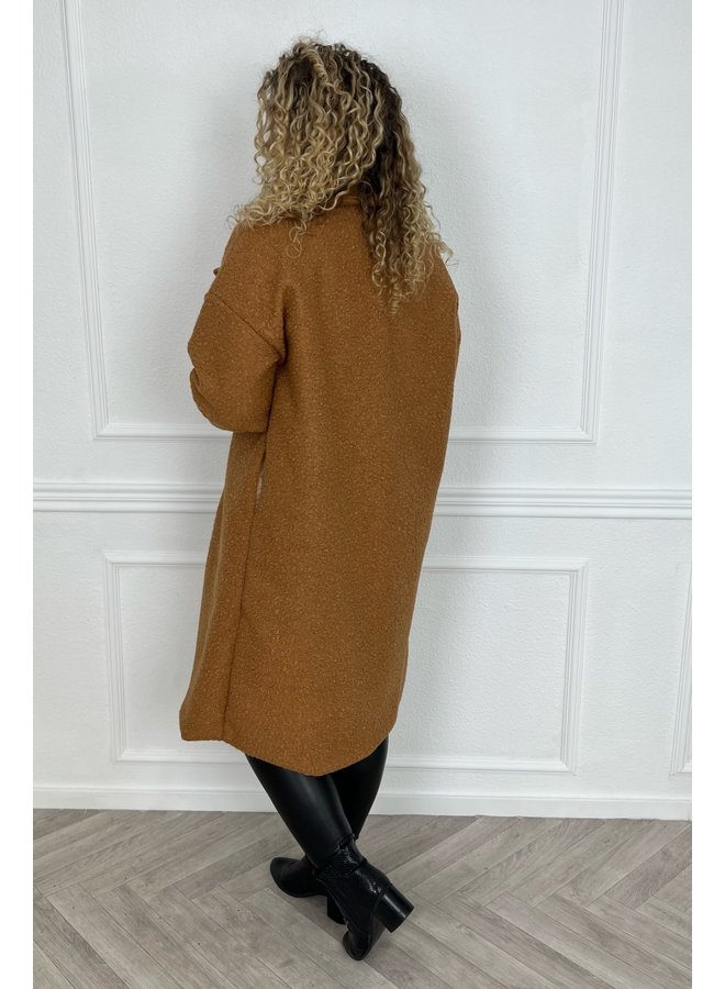 Curvy Brown Button Teddy Coat - Camel