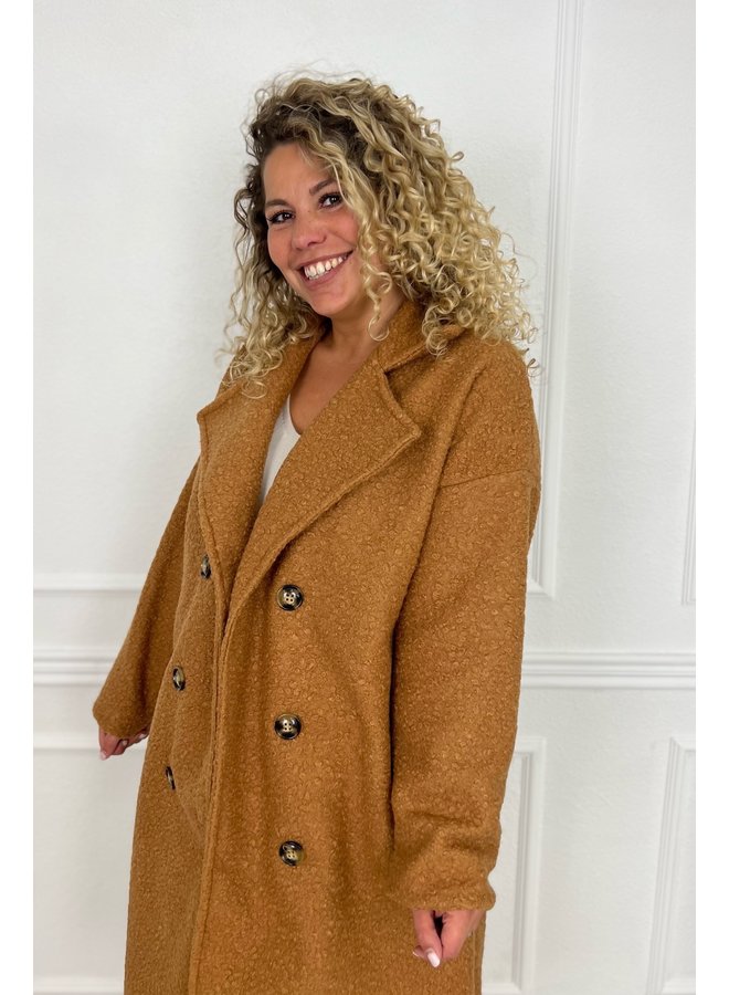 Curvy Brown Button Teddy Coat - Camel