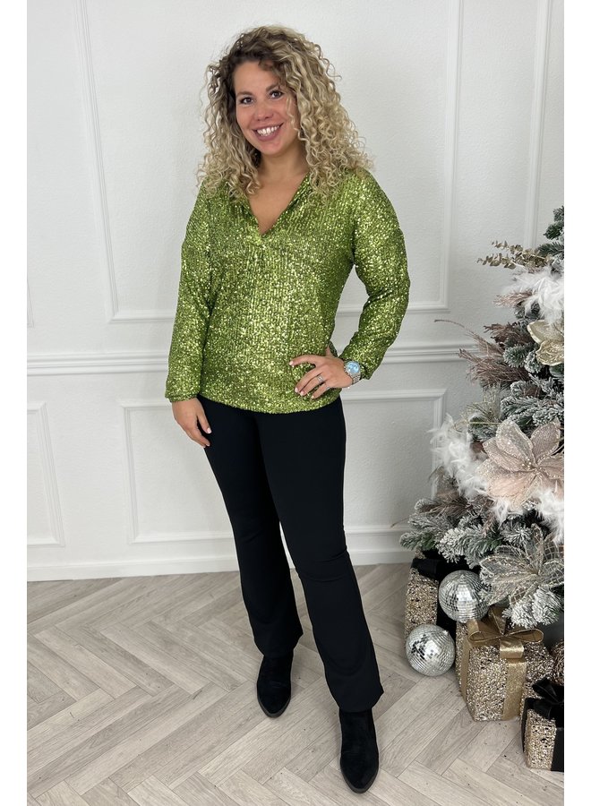 Sequin V Neck Blouse - Pistache