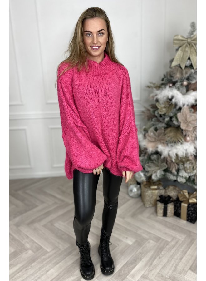 Turtle Knitted Balloon Sleeve Sweater - Fuchsia