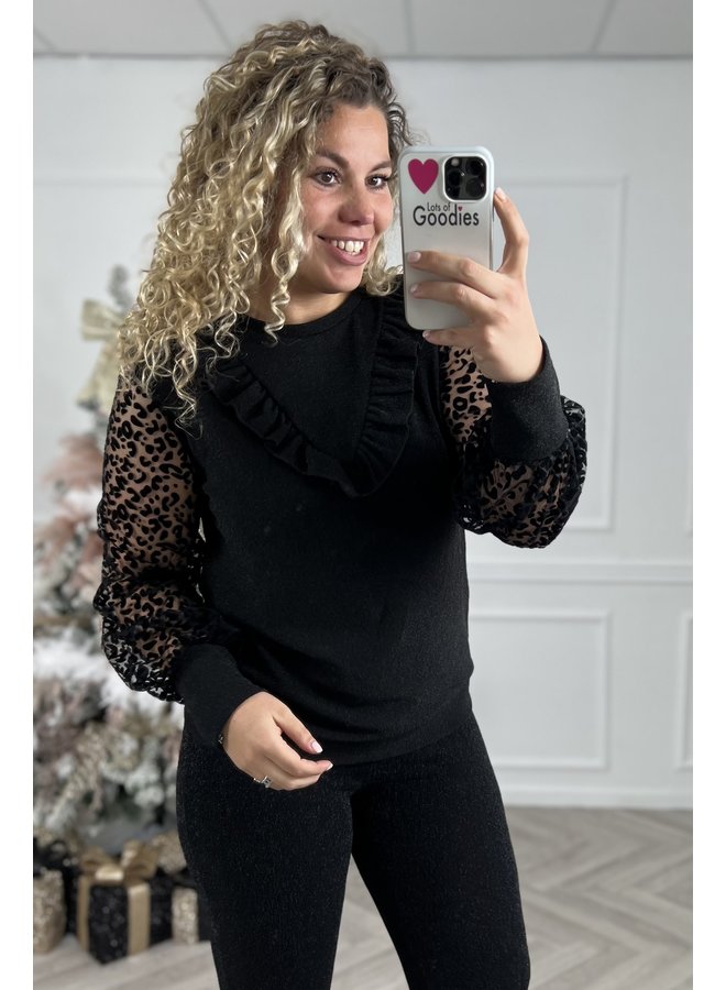 Ruffle Glitter Leopard Top - Black