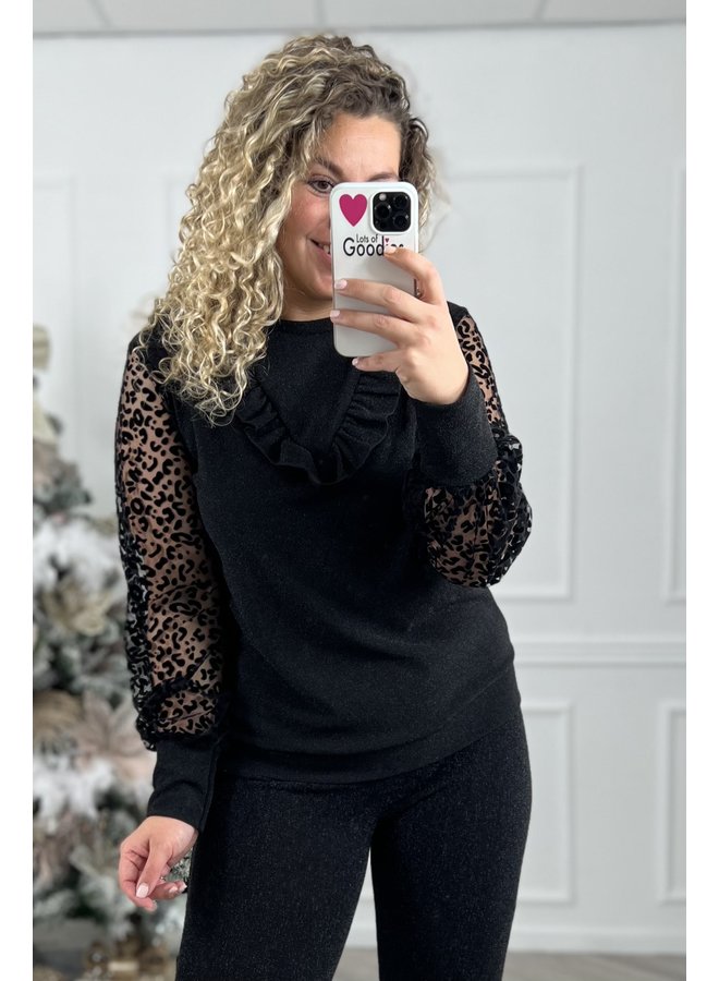 Ruffle Glitter Leopard Top - Black