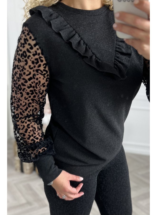 Ruffle Glitter Leopard Top - Black