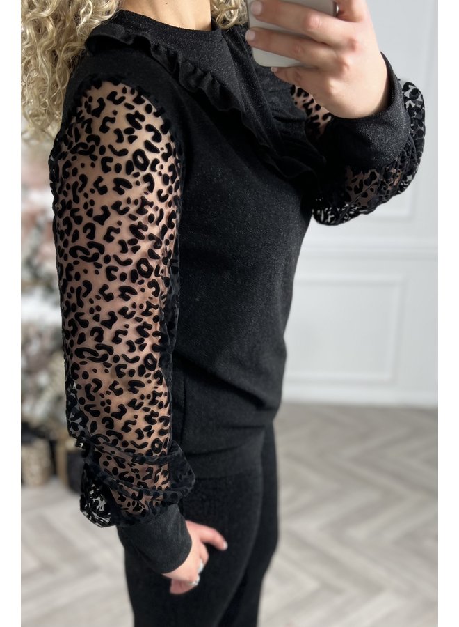 Ruffle Glitter Leopard Top - Black