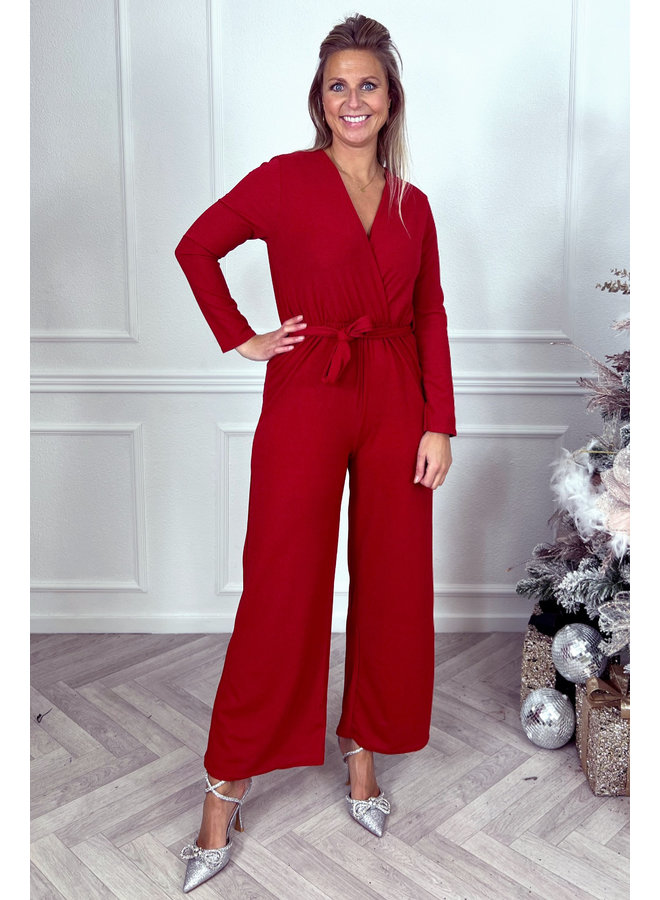 Long Sleeve Glitter Jumpsuit - Red