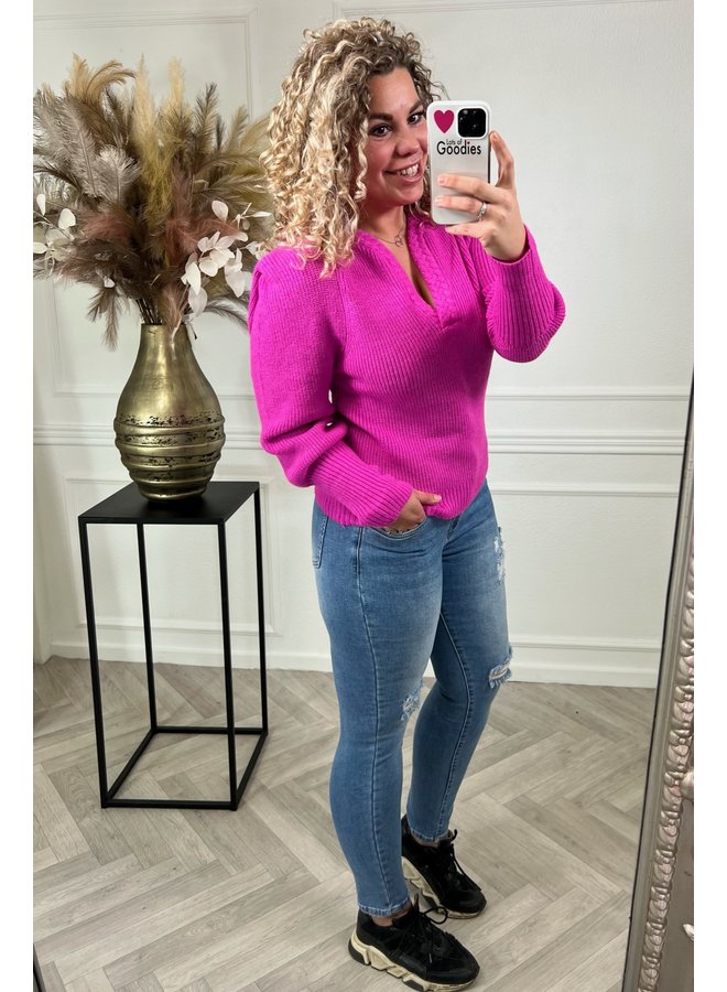 Puffy  Shoulder V Neck Sweater - Fuchsia