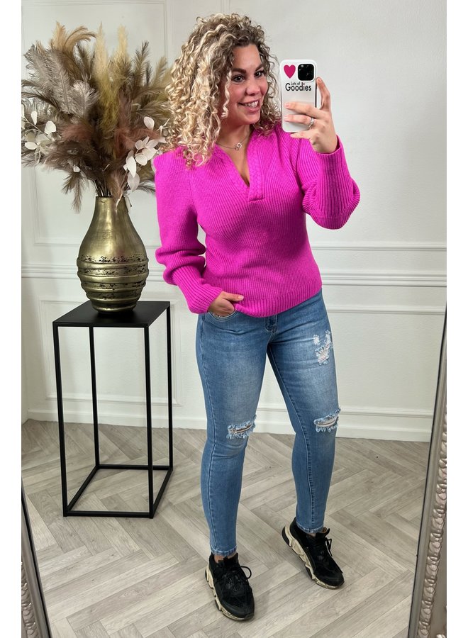 Puffy  Shoulder V Neck Sweater - Fuchsia