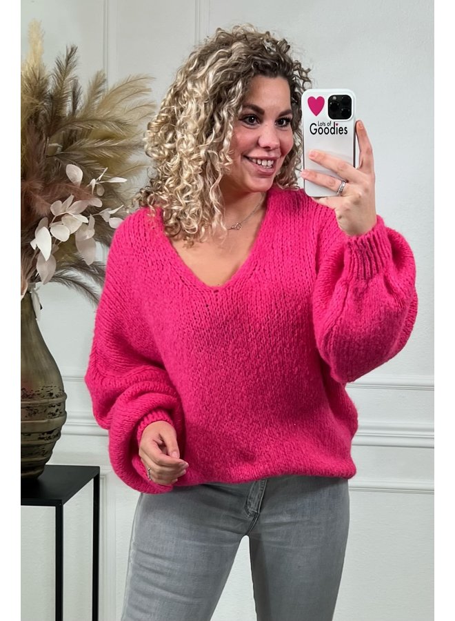 Favorite V Neck Sweater - Neon Pink