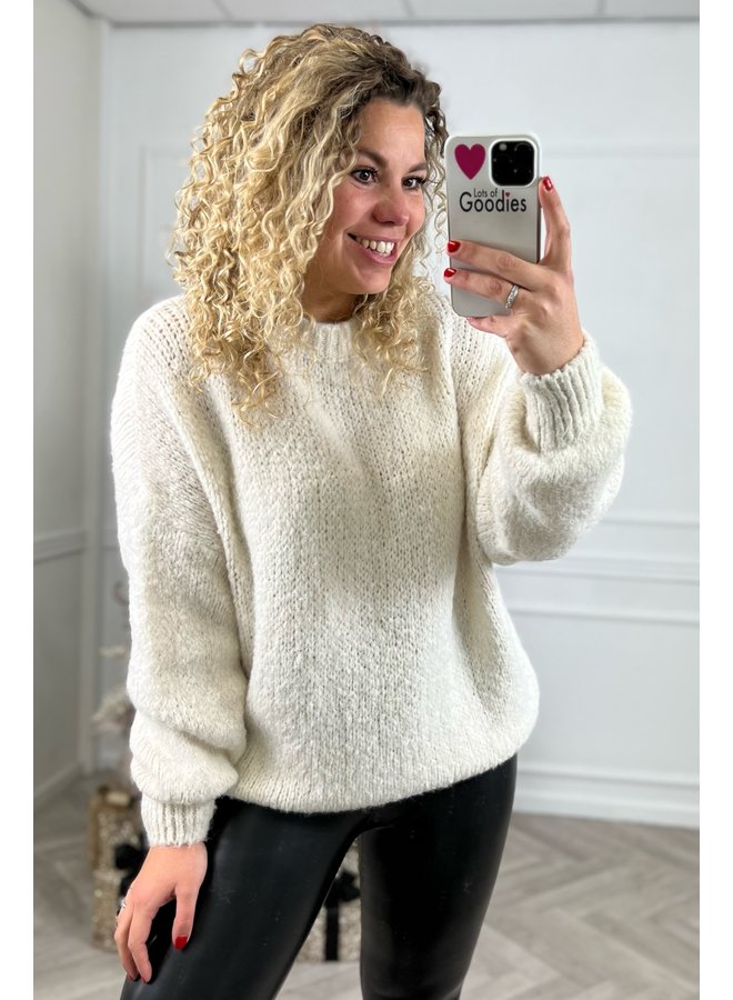 Cozy Knitted Balloon Sleeve Sweater - Creme