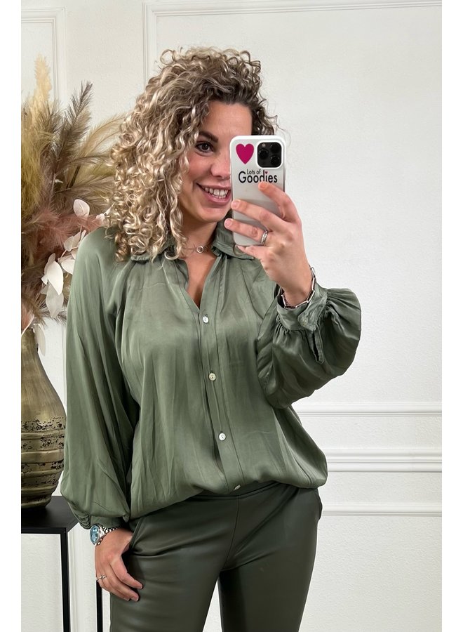 Balloon Sleeve Silky Blouse - Armygreen