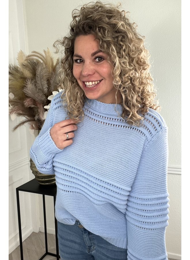 Open Ribbed Knitted Sweater - Light Blue