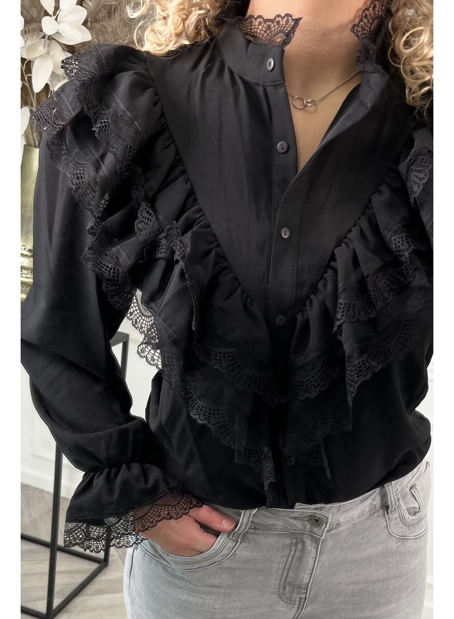 Lace Ruffle Blouse - Black