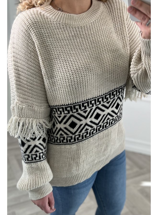 Small Aztec Fringe Sweater - Beige/Black