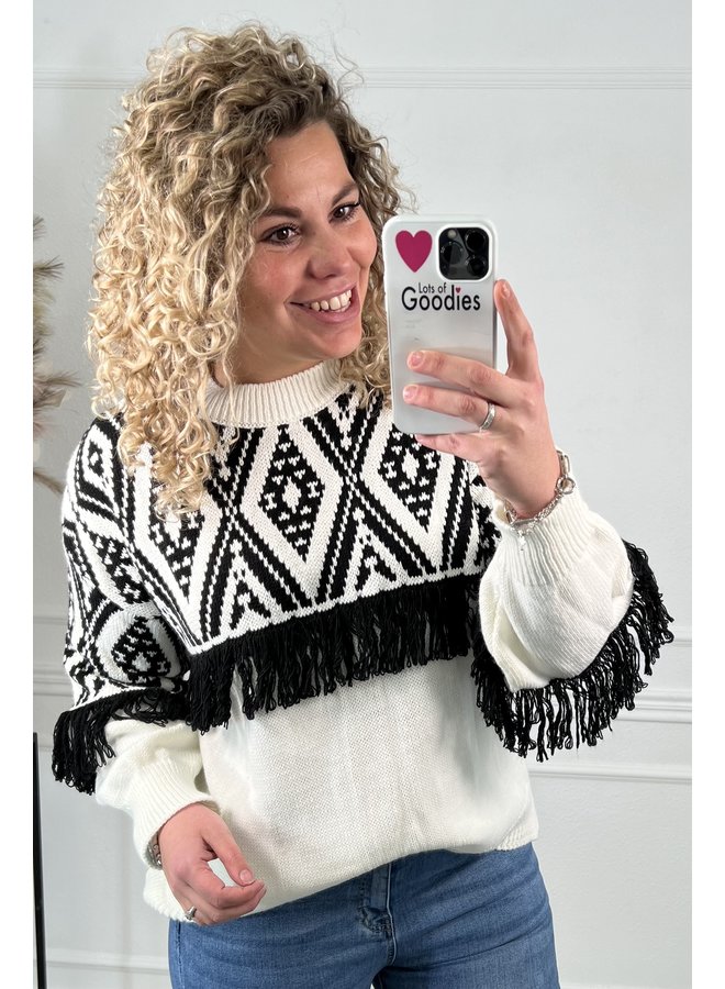 Aztec Fringe Sweater - White/Black