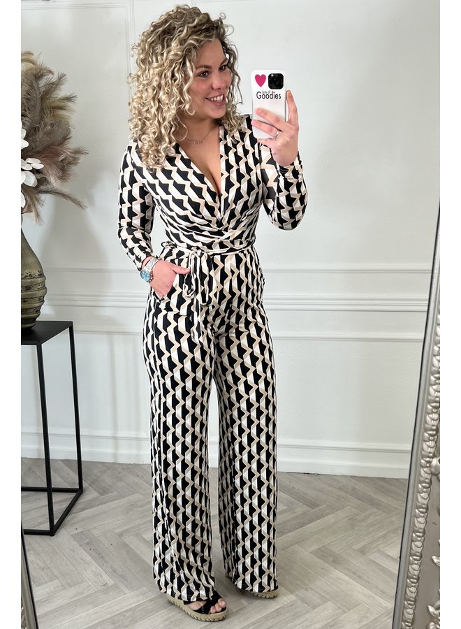 Retro Long Sleeve Jumpsuit - Black/Beige