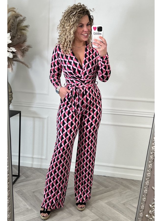 Retro Long Sleeve Jumpsuit - Pink/Black