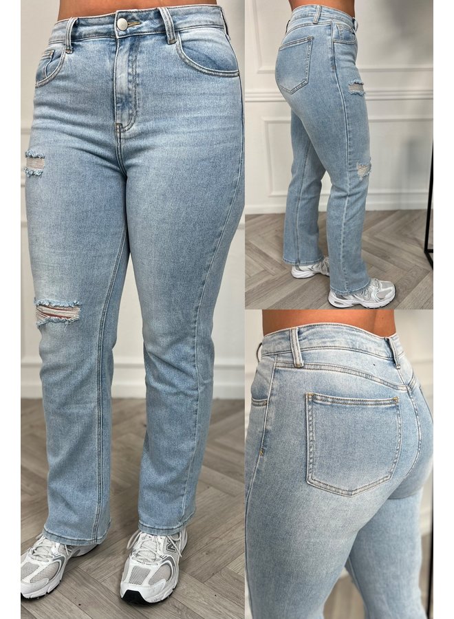 Ripped Straight Leg Jeans - Light Blue