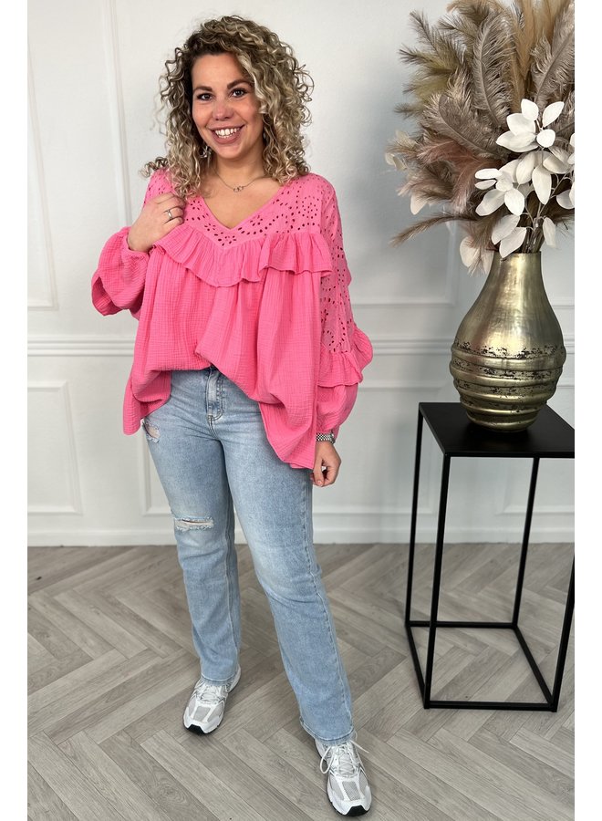 Curvy Cotton Ruffle Blouse - Fuchsia