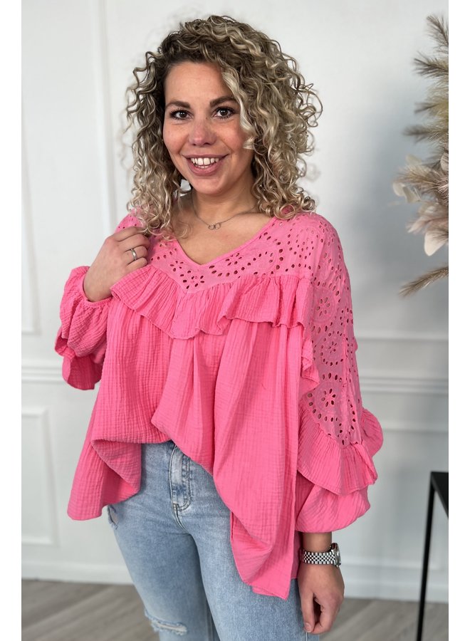 Curvy Cotton Ruffle Blouse - Fuchsia