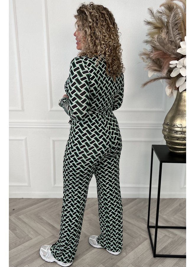 Block Long Sleeve Jumpsuit - Green/Black/White