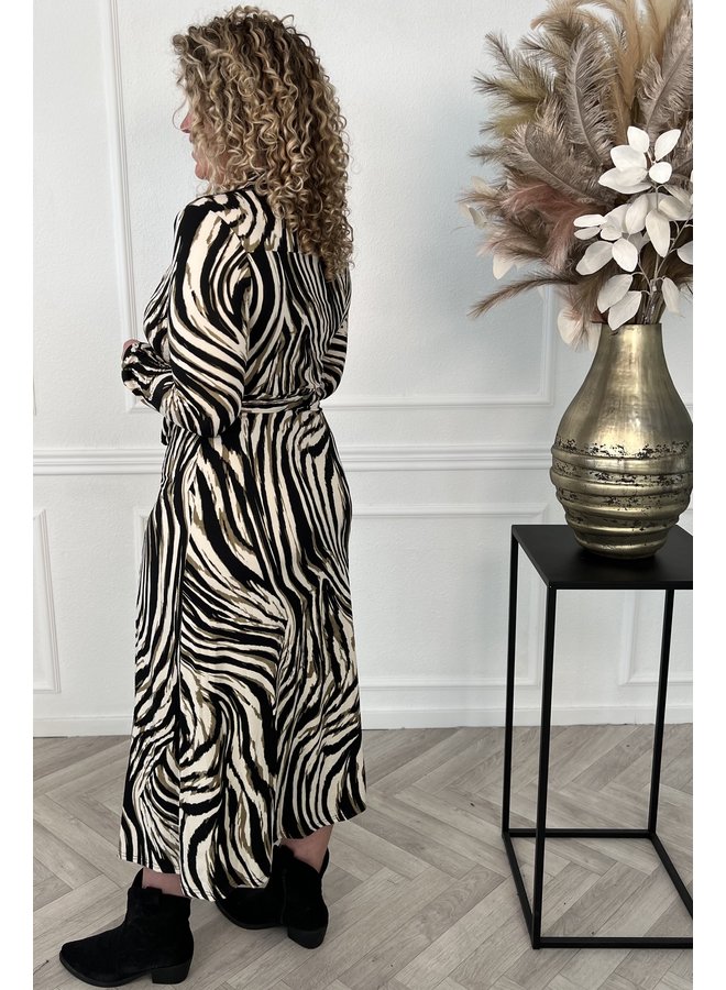 Long Zebra Blouse Dress - Beige/Black/Armygreen