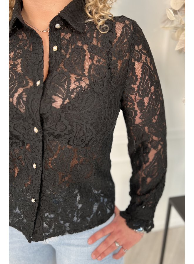 Lace Pearl Blouse - Black