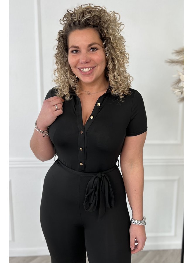 Short Sleeve Button Jumpsuit - Black