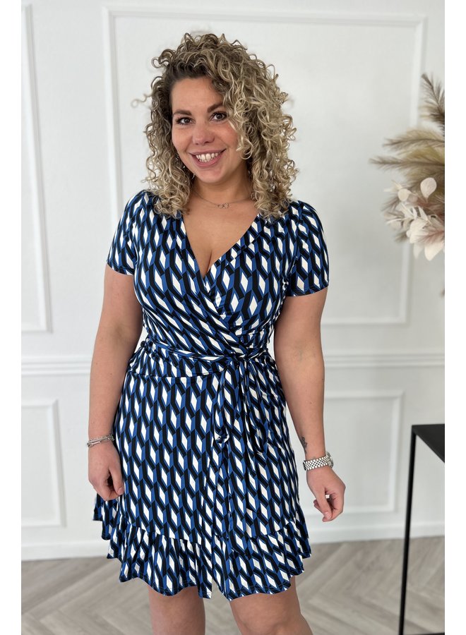 Retro Summer Wrap Dress - Blue/White/Black