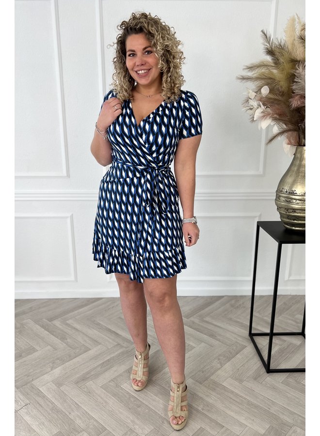 Retro Summer Wrap Dress - Blue/White/Black