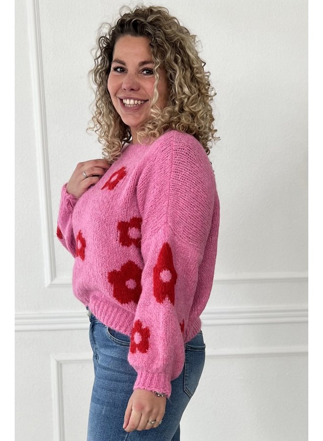 Flower Knitted Sweater - Fuchsia/Red