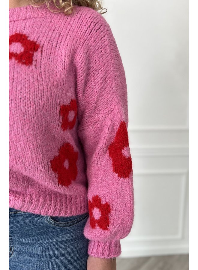 Flower Knitted Sweater - Fuchsia/Red