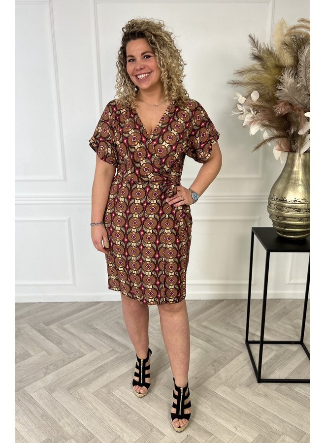 Pattern Wrap Dress - Brown/Fuchsia