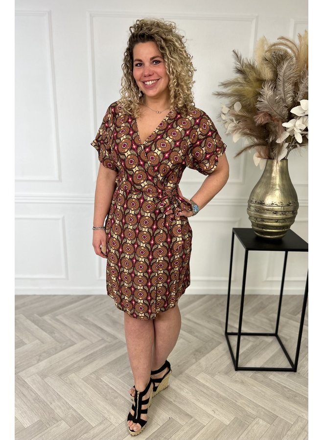 Pattern Wrap Dress - Brown/Fuchsia