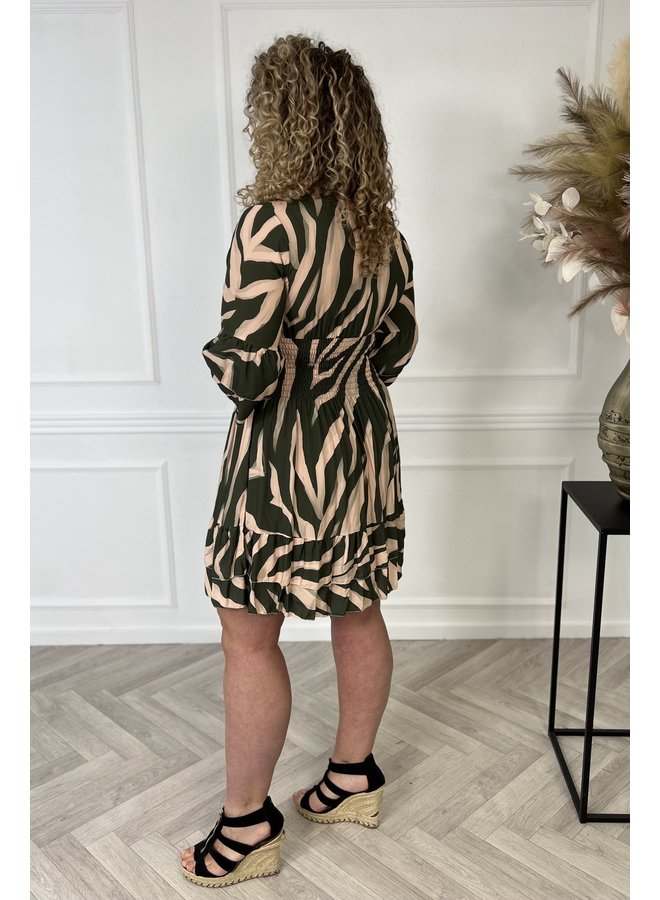 Short Taille Zebra Dress - Armygreen/Beige