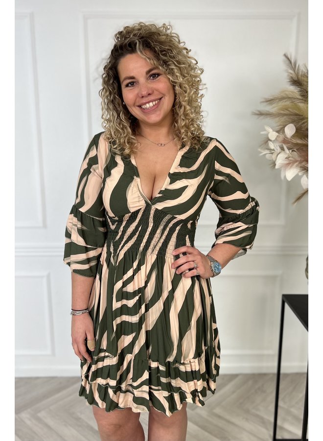 Short Taille Zebra Dress - Armygreen/Beige