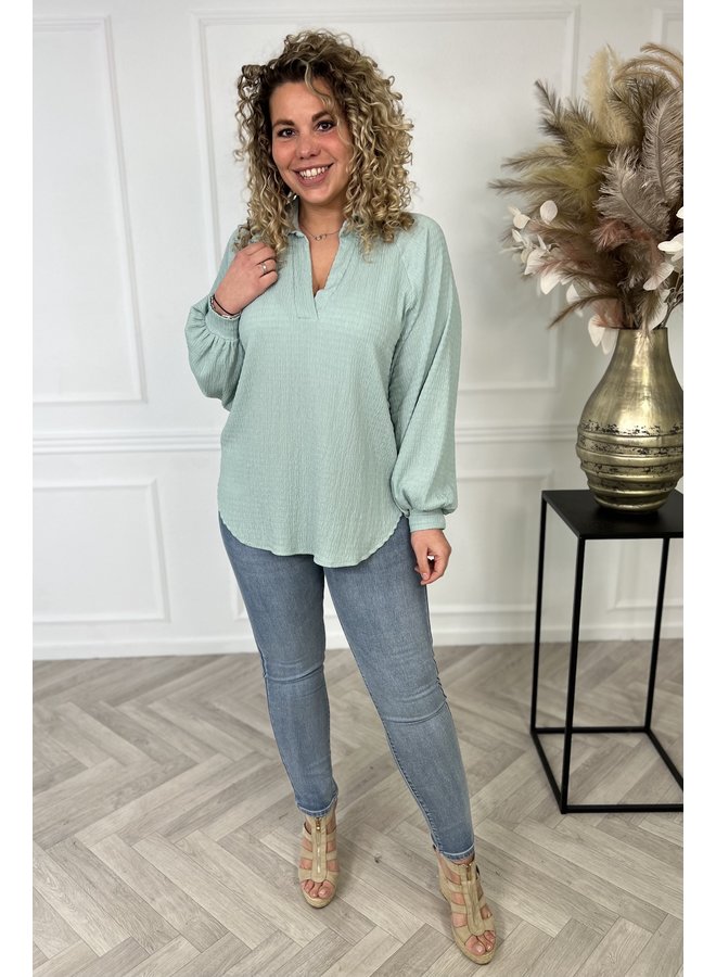 V Neck Waffle Balloon Sleeve Blouse - Mint