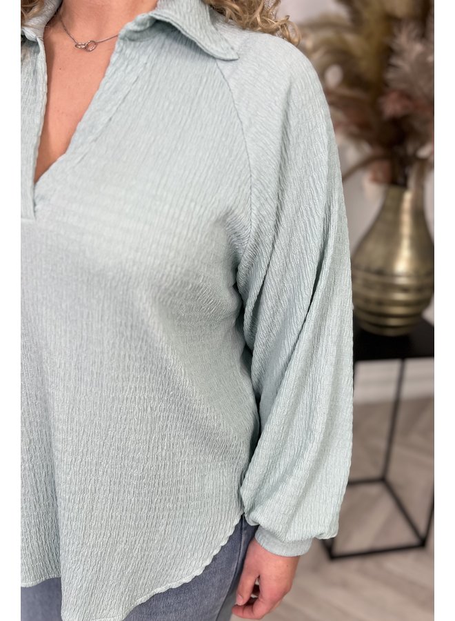 V Neck Waffle Balloon Sleeve Blouse - Mint