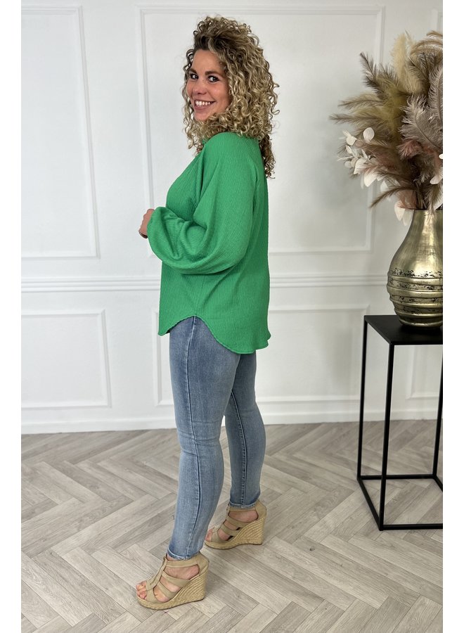 V Neck Waffle Balloon Sleeve Blouse - Green