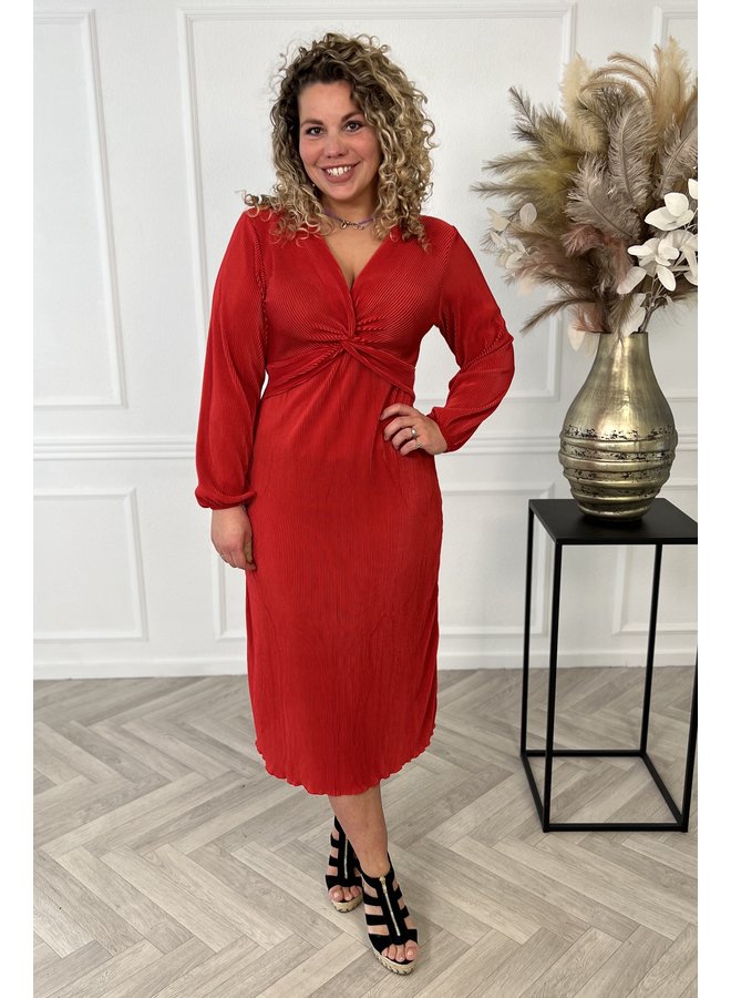 Long Sleeve Knotted Plisse Dress - Red