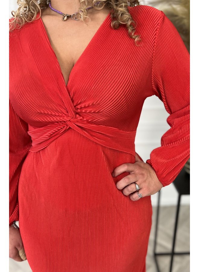 Long Sleeve Knotted Plisse Dress - Red