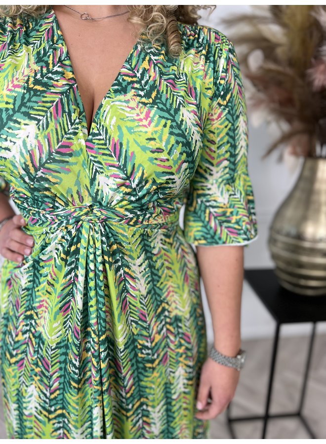 Curvy Knotted Small Leaves Dress - Limegreen/Pink