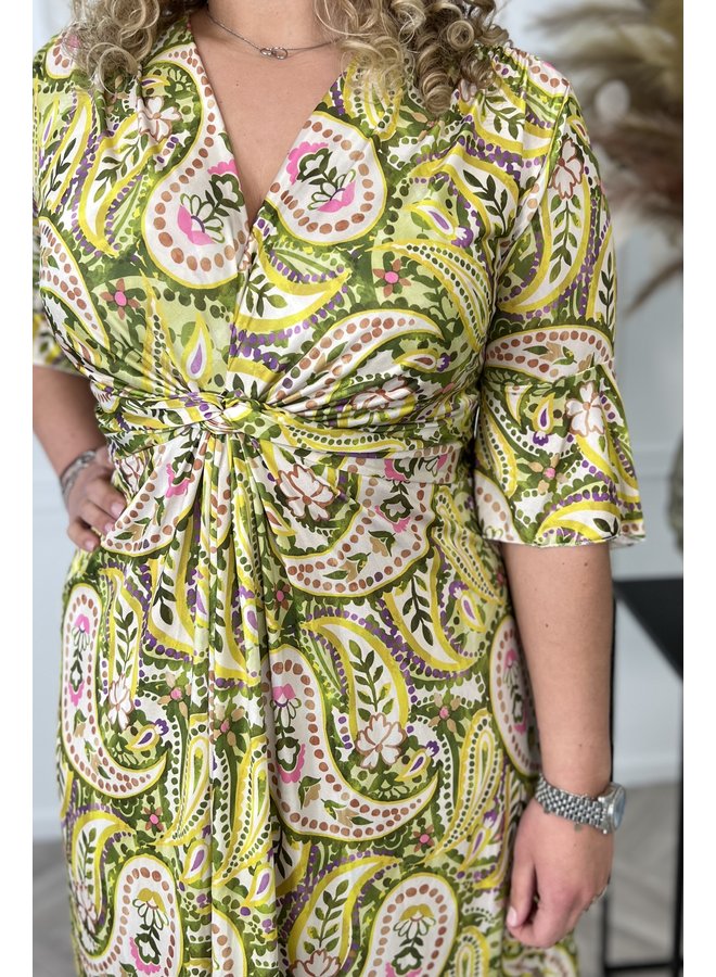 Curvy Knotted Paisley Dress - Lime/Pink
