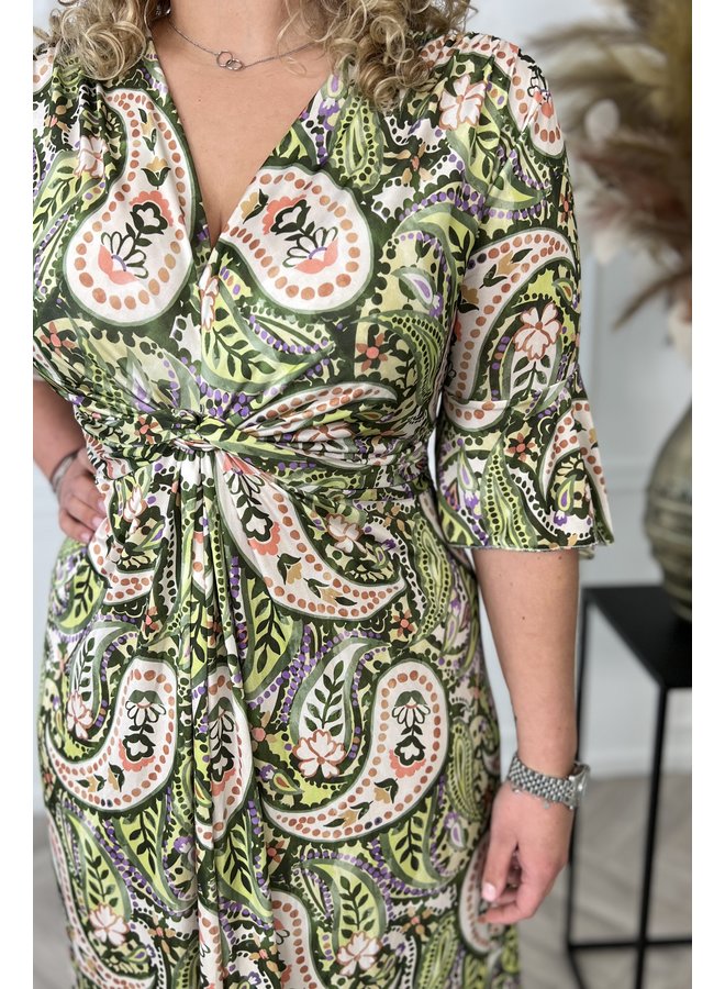 Curvy Knotted Paisley Dress - Green/Purple