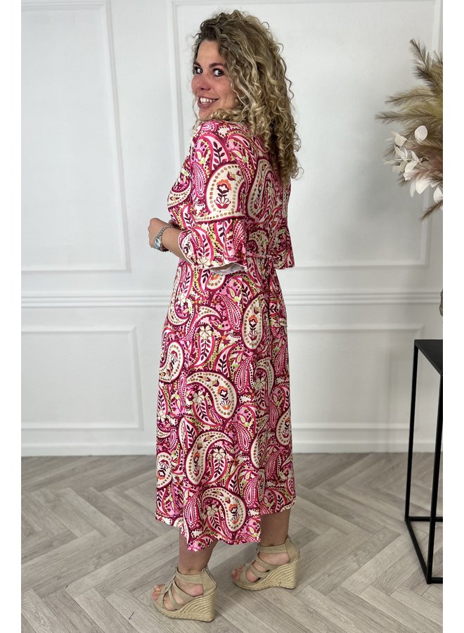 Curvy Knotted Paisley Dress - Pink/Magenta