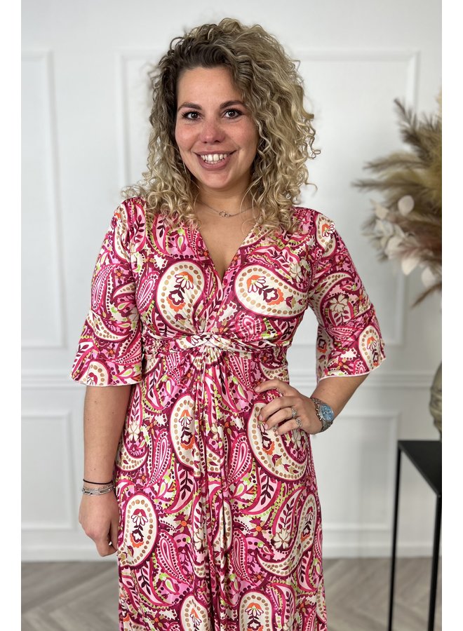 Curvy Knotted Paisley Dress - Pink/Magenta