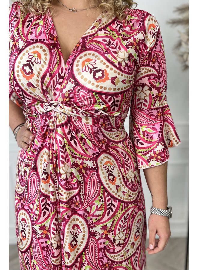 Curvy Knotted Paisley Dress - Pink/Magenta