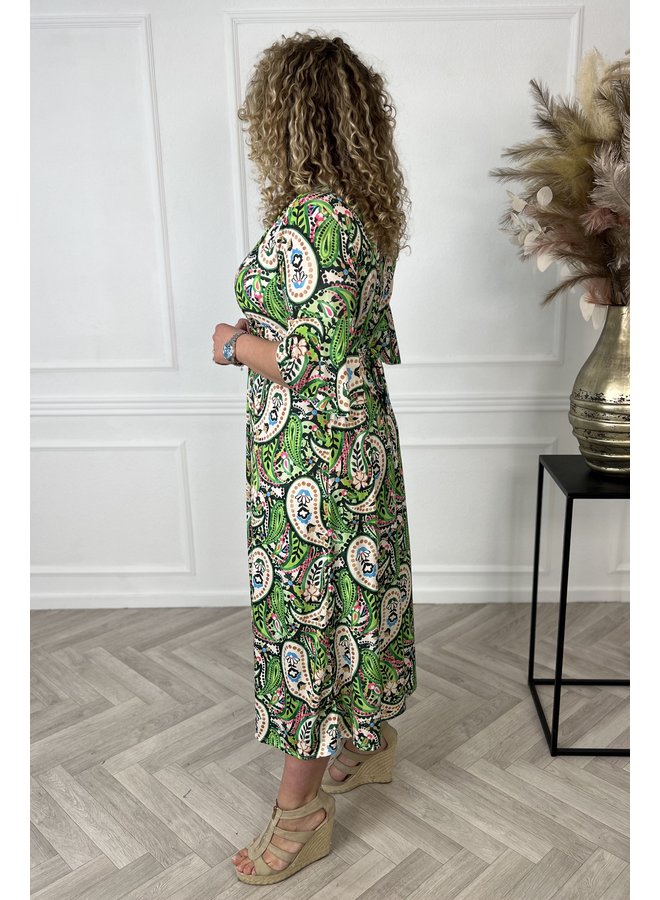 Curvy Knotted Paisley Dress - Green/ Fuchsia